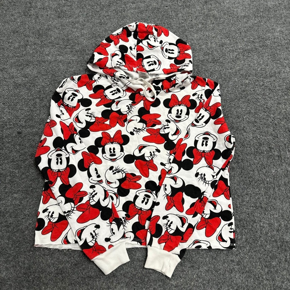 Disney Hoodie Womens Size M White Minnie Mouse All Over Print Cropped Pullover